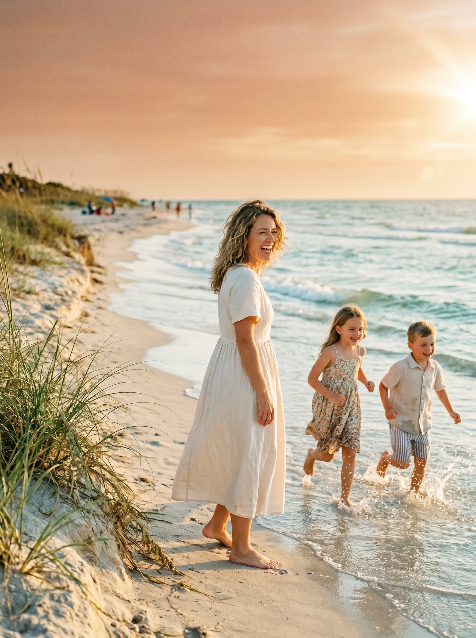 A woman and her children enjoying a sunset walk on a Pensacola beach — feeling energetic, balanced, and like themselves again